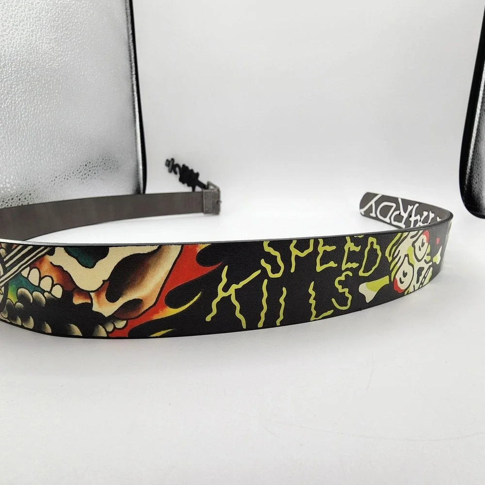 Ed Hardy Live to Ride Reversible Belt Mens Sz 36 Graphic Print Metal‎ Buckle NEW